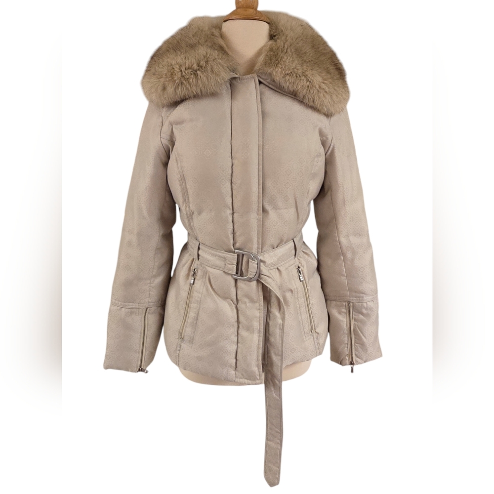 Laundry by Shelli Segal Cream & Fox Fur Lined Belted Goose Down Puffer Jacket S